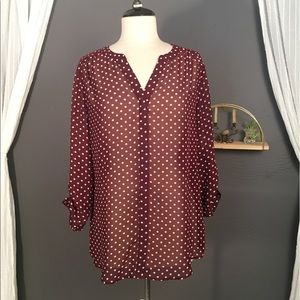 LOFT Anne Taylor Maroon & White Polka Dot Blouse